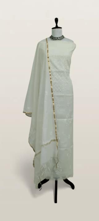 Chikankari Mul Chanderi Dress Material Ivory Floral Yoke