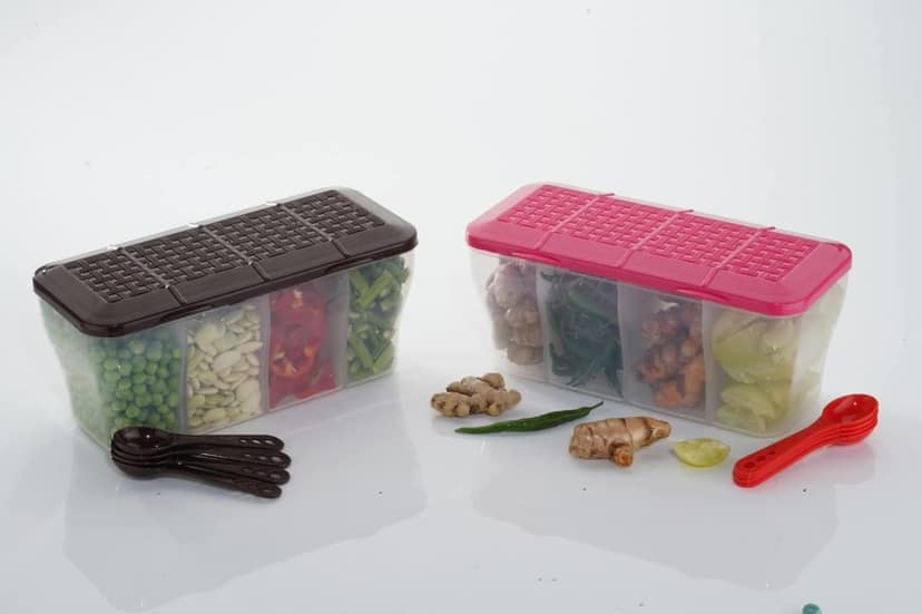 HAPPI Multipurpose Plastic 4 In 1 Masala Box for Kitchen, Spice Boxes for Kitchen, Transparent 4 Compartment Storage Containers Airtight Grocery,Cereal,Dry Fruits Dabba 1800 Ml with 4 Spoons(Brown) view 2