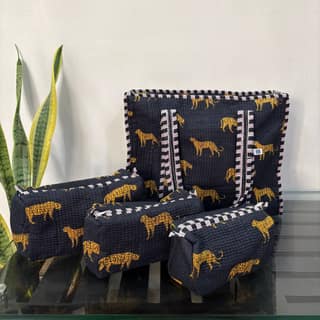 Wild Roar Block Print Quilted Cotton Tote Bag With Pouch Set Of 4 Black 15"X15"