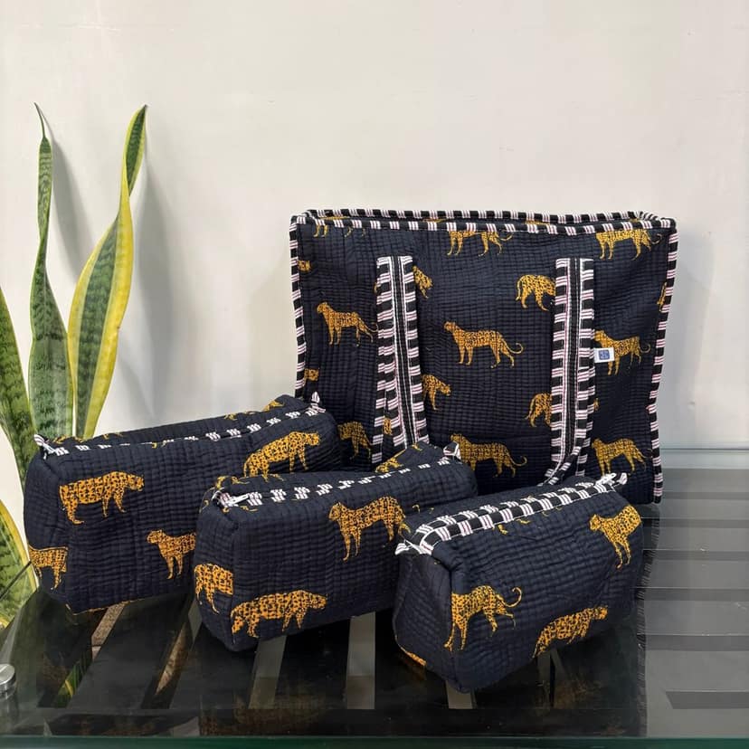 Wild Roar Block Print Quilted Cotton Tote Bag With Pouch Set Of 4 Black 15"X15"