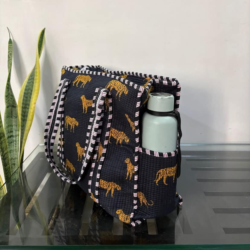 Wild Roar Block Print Quilted Cotton Tote Bag With Pouch Set Of 4 Black 15"X15" view 2