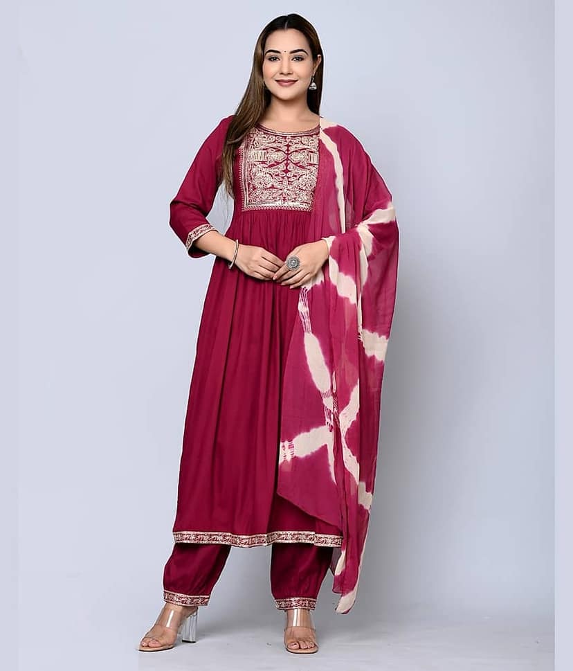 MAUKA - Maroon Anarkali Rayon Women's Stitched Salwar Suit ( Pack of 1 )