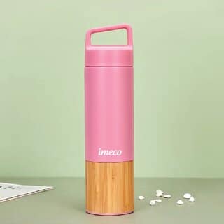 IMECO ECO-EDGE Bamboo Thermos Water Bottle 600 ml Pink, 24 Hour Hot And Cold, Leakproof And Insulated view 2