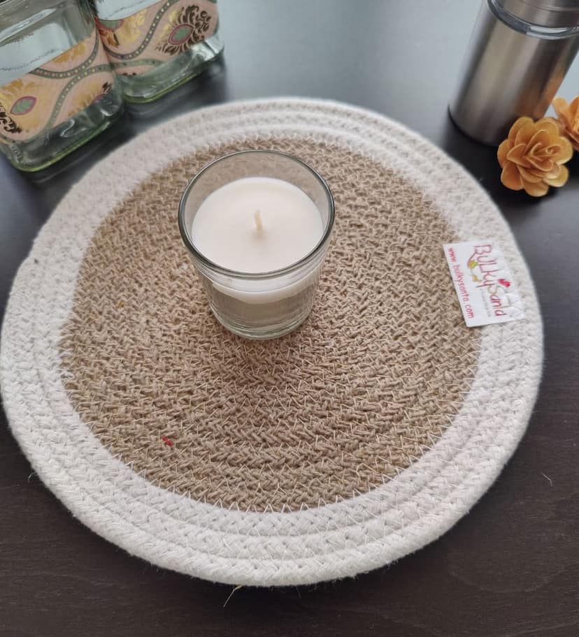 Round table mats cotton placemats (pack of 1) | Hotpads / trivets 9", Heat Resistant, Reversible Use (White - Beige) by Bulky Santa view 2