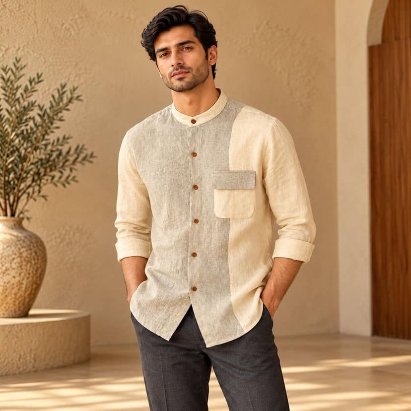 Men's Beige & Grey Colour Block Mandarin Collar Casual Shirt