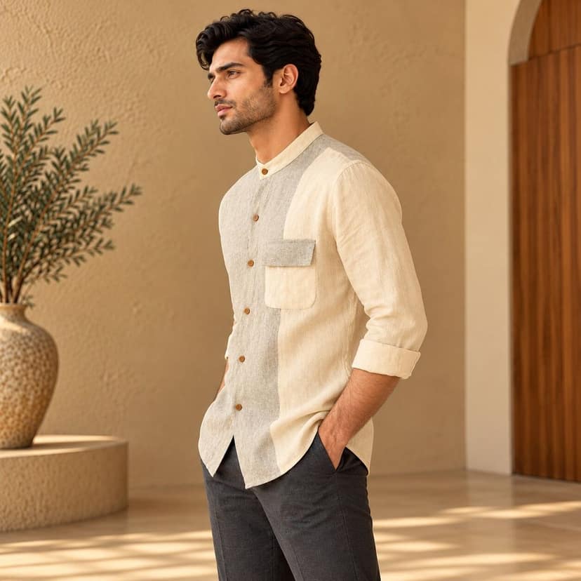 Men's Beige & Grey Colour Block Mandarin Collar Casual Shirt view 2
