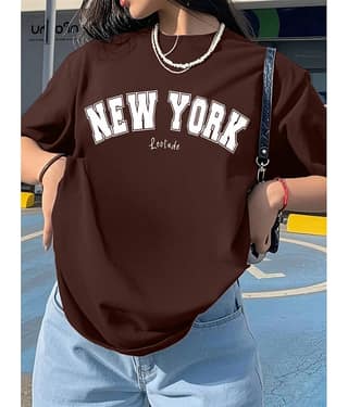 Leotude Women Cotton Blend Printed Oversized Fit Round Neck T-Shirt ( Brown )