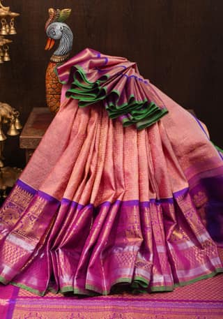 Pink Pure Brocade Gadwal SIlk Saree with 12" Wide Border | SILK MARK CERTIFIED