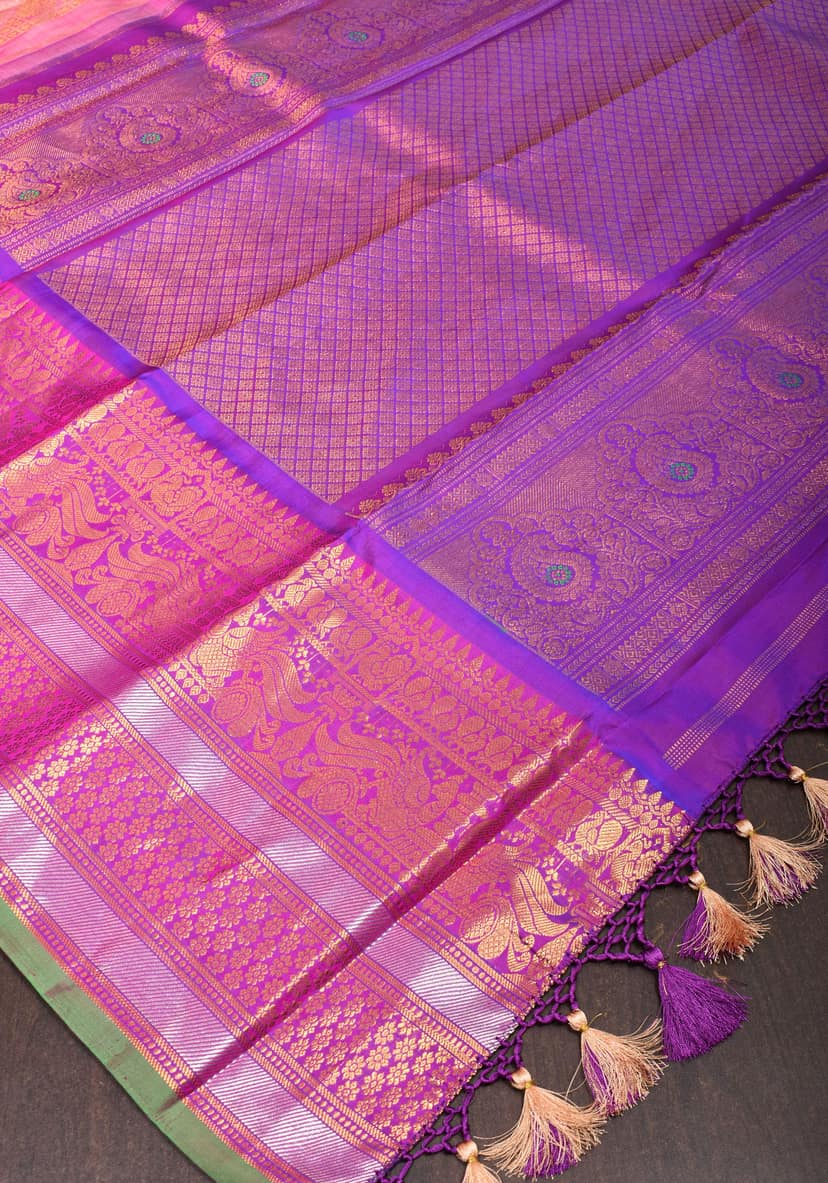 Pink Pure Brocade Gadwal SIlk Saree with 12" Wide Border | SILK MARK CERTIFIED view 6