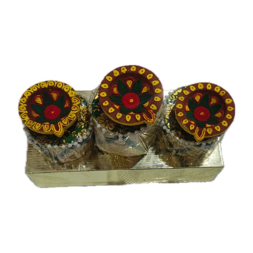 Diwali Diya Gift Set of 3 – Hand-Painted Clay Diyas on Gota-Wrapped Holders with Gold Tray view 2