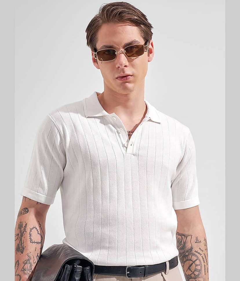 Highlander Men Cotton Relaxed Fit Self Design Polo T Shirt ( White )