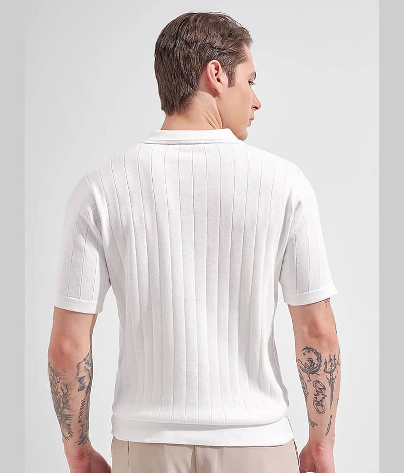 Highlander Men Cotton Relaxed Fit Self Design Polo T Shirt ( White ) view 3