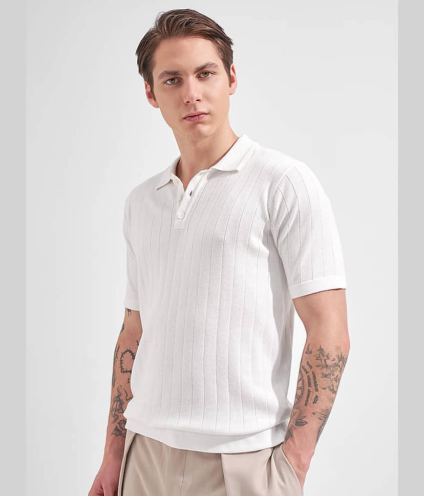 Highlander Men Cotton Relaxed Fit Self Design Polo T Shirt ( White ) view 4