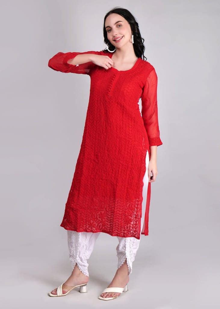 Geogette Hand Embroidered Calf length Chikankari Red Kurta view 2