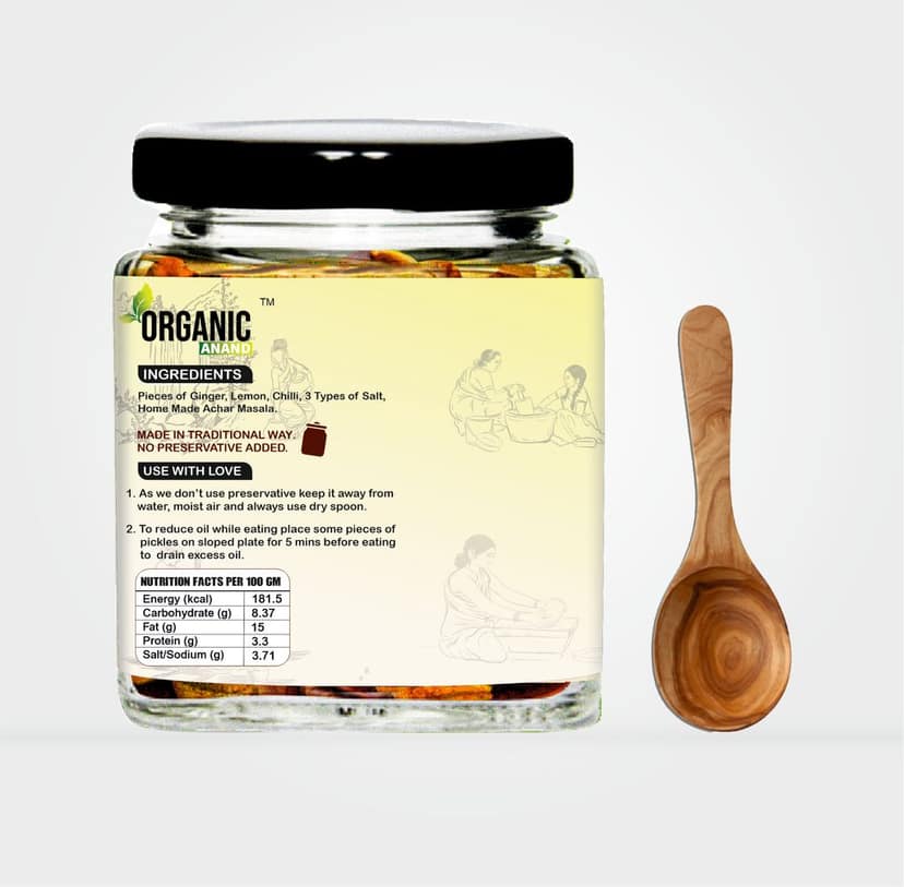 Organic Anand Homemade Ginger Lemon Green Chilli Mix Pickles 500 gram Khatta Mix Ghar ka Achaar with Neemwood Spoon Flavourful, Delicious, Traditional Taste view 2