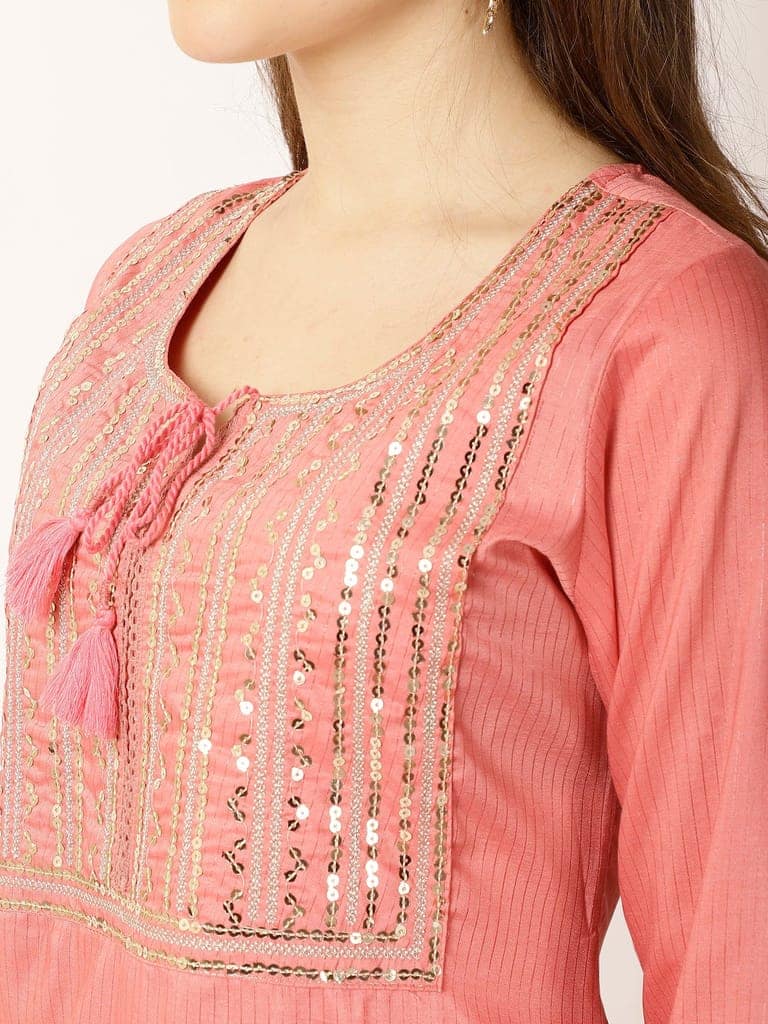 Ethnic Motifs Yoke Design Regular Sequinned Kurta with Trousers view 6