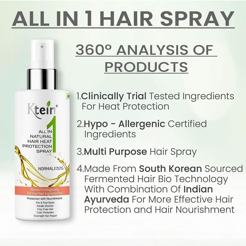 Ktein All in 1 Natural Hair Heat Protection Spray with Fermented Argan Oil, Vitamin E, Pro Vitamin B3 and Plant Based Keratin, 100ml view 5
