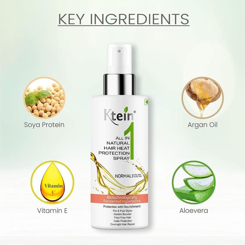 Ktein All in 1 Natural Hair Heat Protection Spray with Fermented Argan Oil, Vitamin E, Pro Vitamin B3 and Plant Based Keratin, 100ml view 7