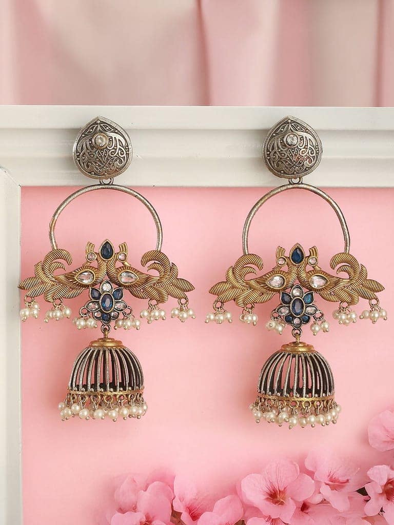 Oxidised Dual Toned Pearl Beaded Floral Peacock Design Contemporary Hoop Jhumka Earrings view 3