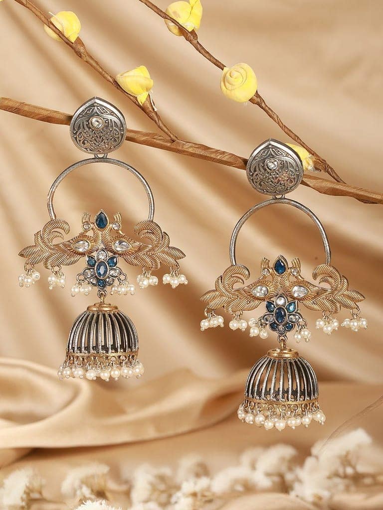 Oxidised Dual Toned Pearl Beaded Floral Peacock Design Contemporary Hoop Jhumka Earrings view 5