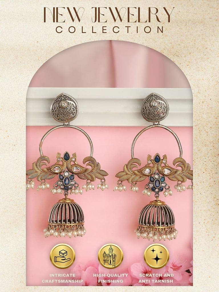Oxidised Dual Toned Pearl Beaded Floral Peacock Design Contemporary Hoop Jhumka Earrings view 7