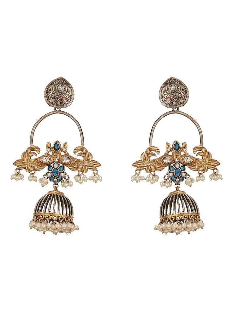 Oxidised Dual Toned Pearl Beaded Floral Peacock Design Contemporary Hoop Jhumka Earrings view 8