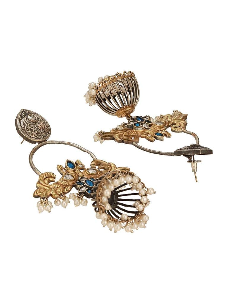 Oxidised Dual Toned Pearl Beaded Floral Peacock Design Contemporary Hoop Jhumka Earrings view 9