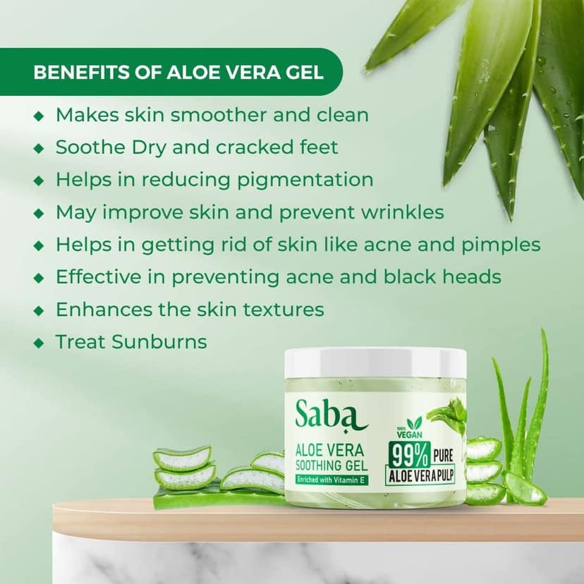 Saba Pure Aloe Vera Gel Enriched With Vitamin E for Acne, Scars, Glowing & Radiant Skin, Moisturization, after sun, Hair application, Natural Face care, 100gm view 7