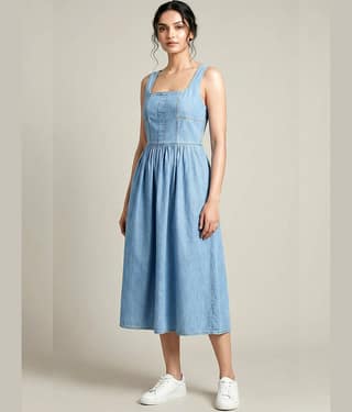 Addyvero Women Denim Solid Fit & Flare Dress ( Light Blue )