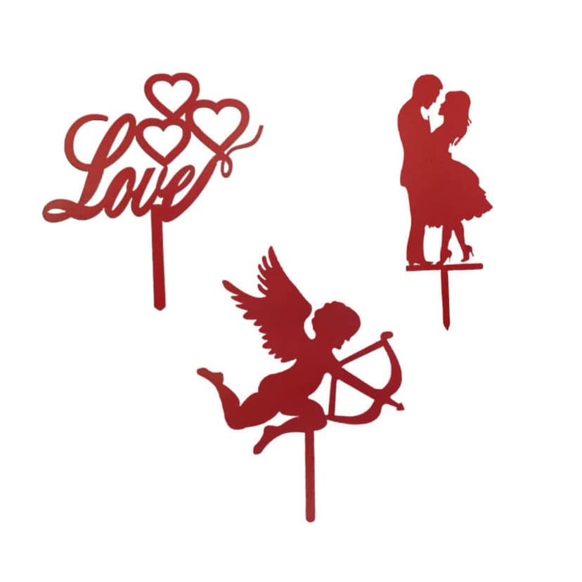 Romantic & Couple MDF Cake Topper/Cake Decoration For Anniversary & Wedding (Red, 3 Pcs Topper)