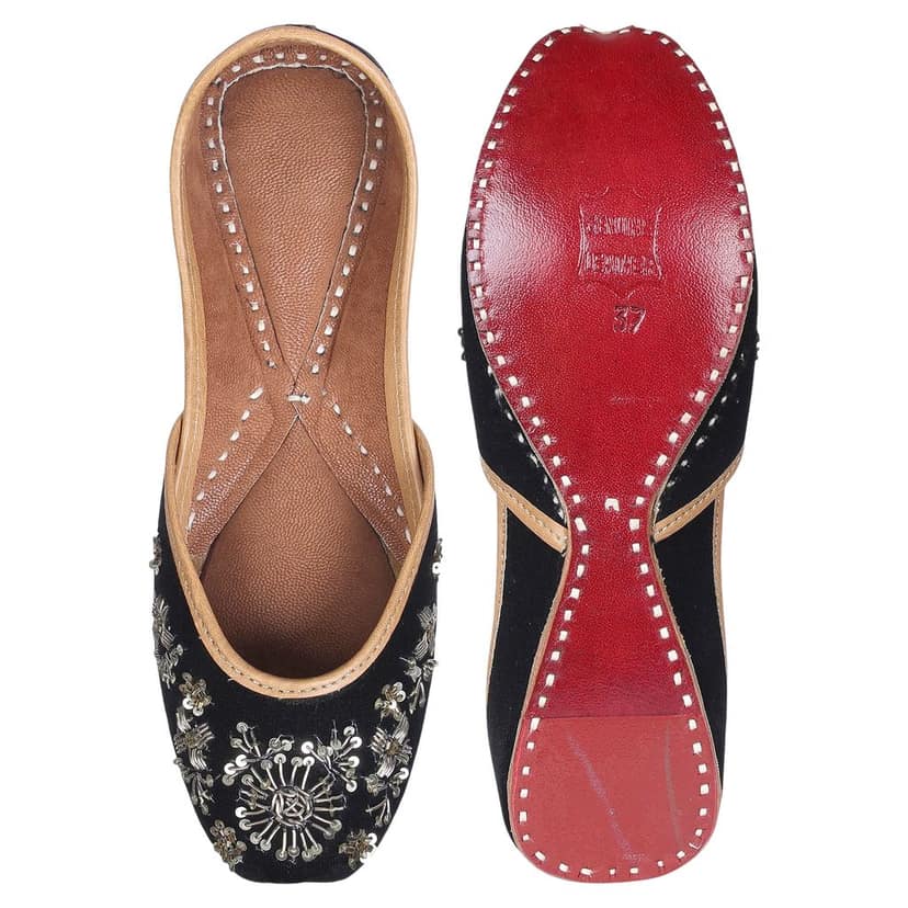 RSK ETHNIC WEAR, Black Color Embroidered Handmade Jutti for Women with Soft Leather and Double Cushion view 5
