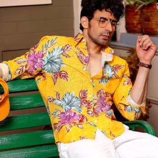 Hibiscus Flower Sunglow Yellow Casual Pure Linen Full Shirt (Size - XL) by BLUE EAGLE