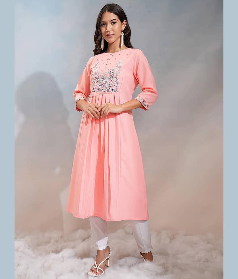 Vishudh Women Polyester Embroidered A-line Kurti ( Peach ) view 2