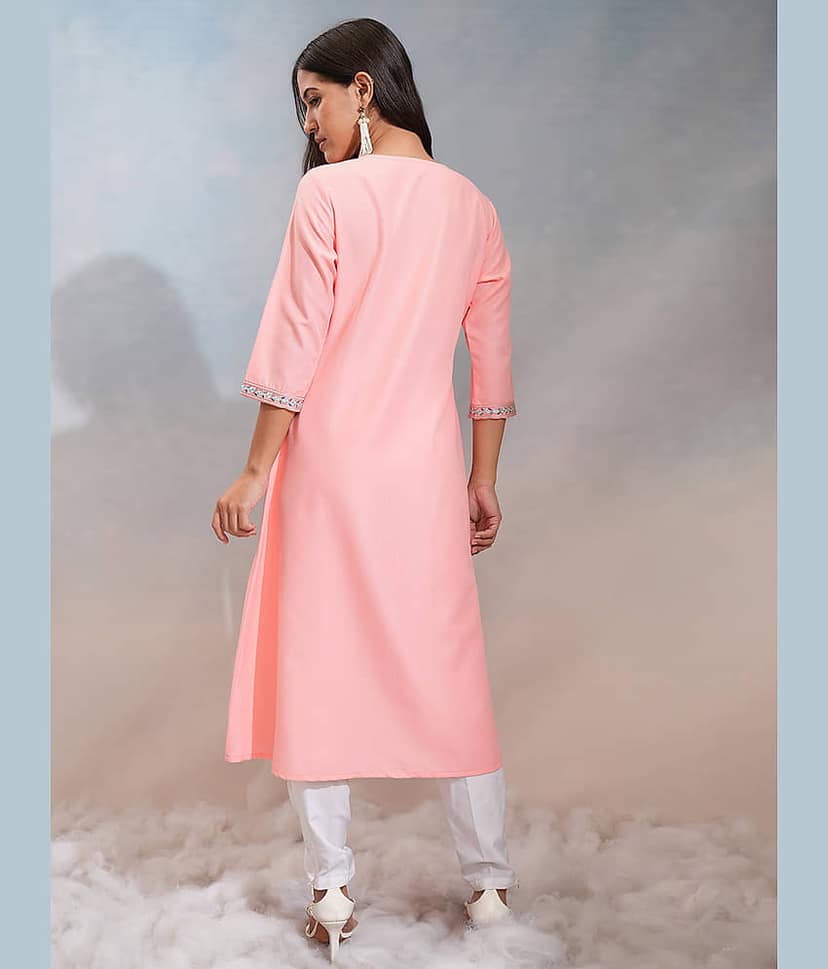 Vishudh Women Polyester Embroidered A-line Kurti ( Peach ) view 3