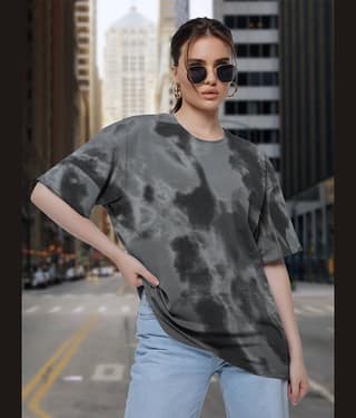 Leotude Women Cotton Blend Dyed Oversized Fit Round Neck T-Shirt ( Grey )