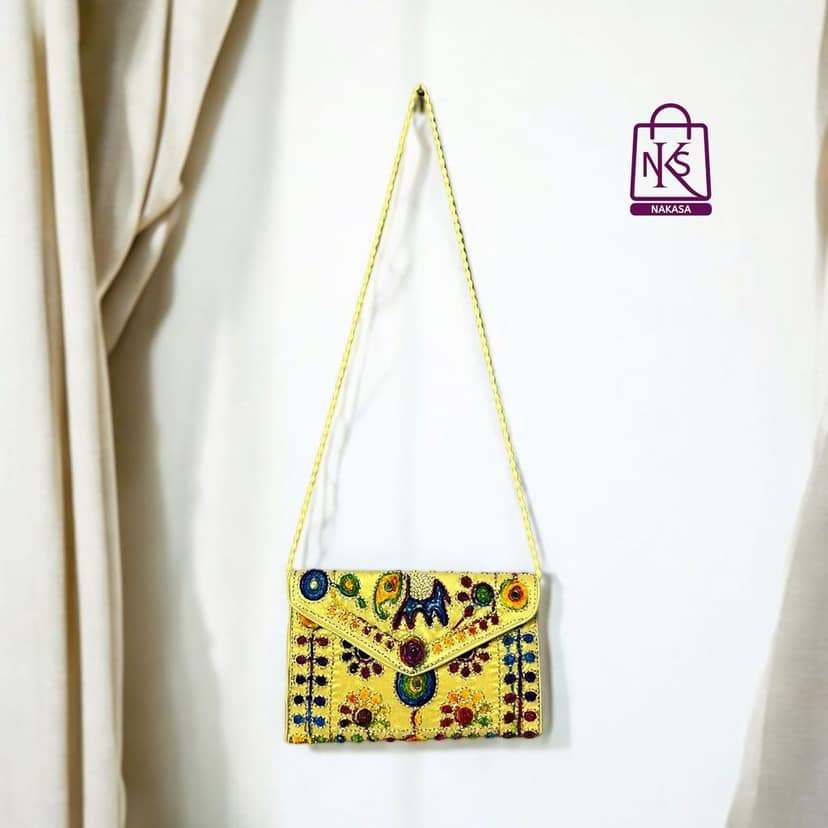 NAKASA Women's Jaipuri Handmade Damru Embroidery Small Beige Clutch Bag view 2