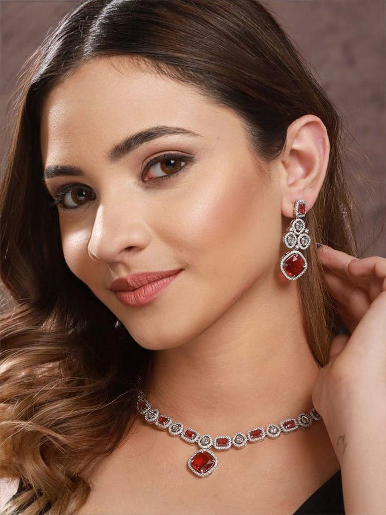 Silver Plated Red CZ Studded Statement Necklace Jewellery Set
