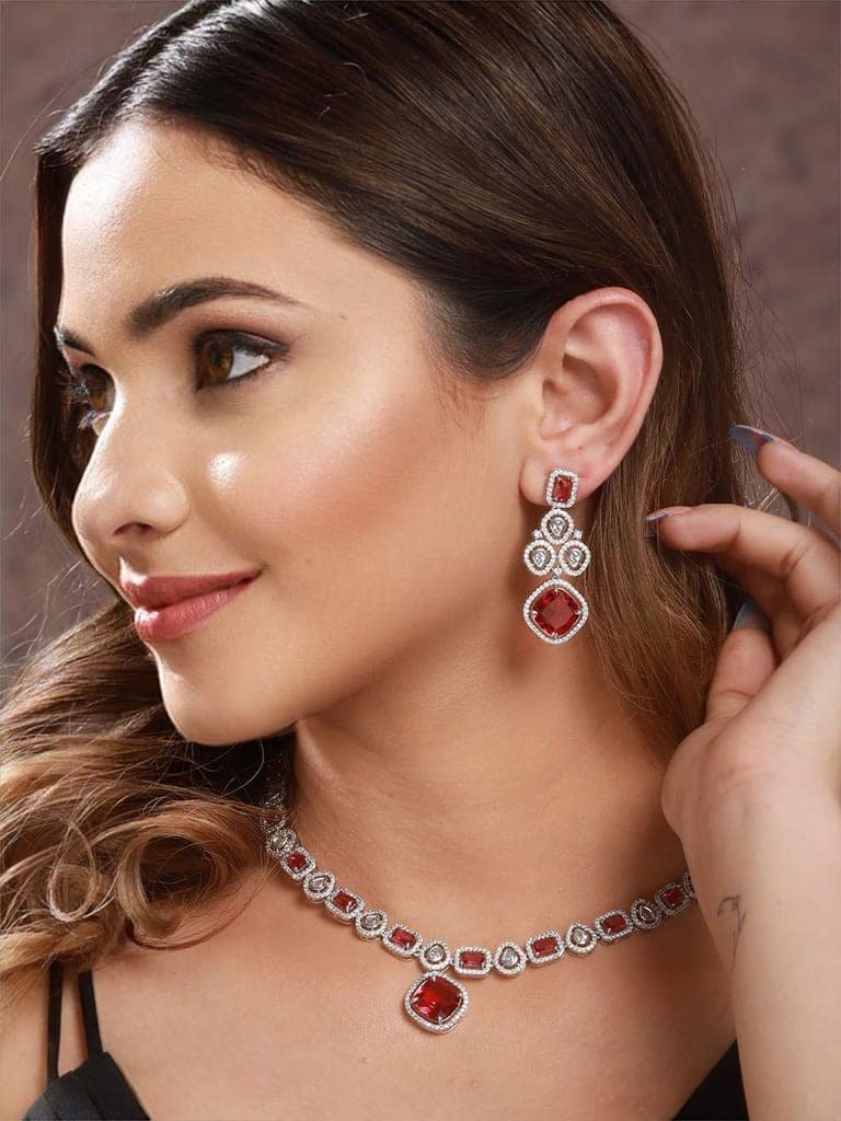 Silver Plated Red CZ Studded Statement Necklace Jewellery Set view 2