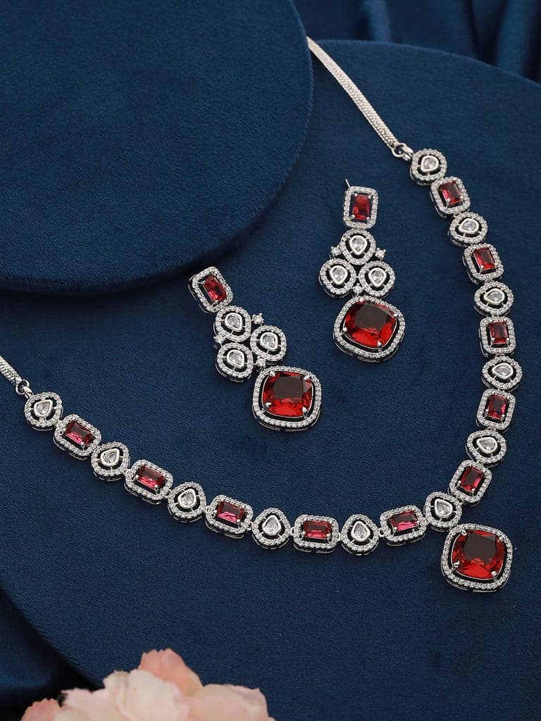 Silver Plated Red CZ Studded Statement Necklace Jewellery Set view 3