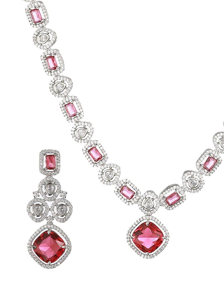 Silver Plated Red CZ Studded Statement Necklace Jewellery Set view 7
