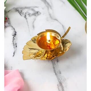 Brass Leaf Design Diya Decorative Oil Lamp for Diwali, Puja Room, and Festive Home Dcor