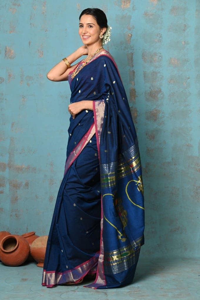 Tyohaar ~ Handloom Pure Cotton Paithani With Nath Pallu ~ Indigo Blue view 3