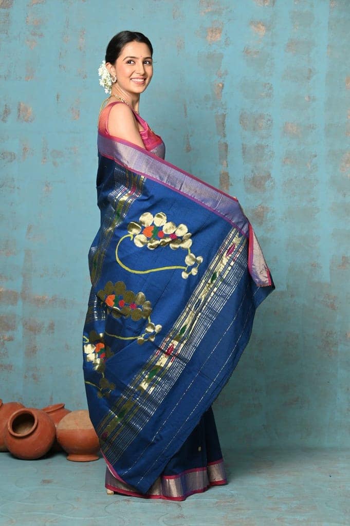 Tyohaar ~ Handloom Pure Cotton Paithani With Nath Pallu ~ Indigo Blue view 4