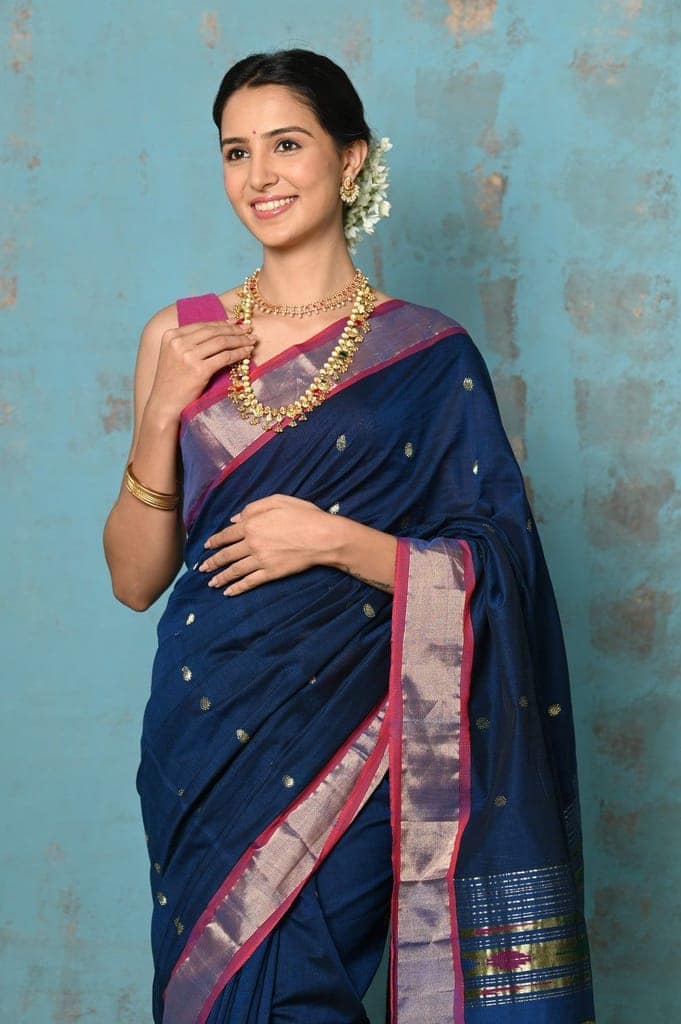 Tyohaar ~ Handloom Pure Cotton Paithani With Nath Pallu ~ Indigo Blue view 5