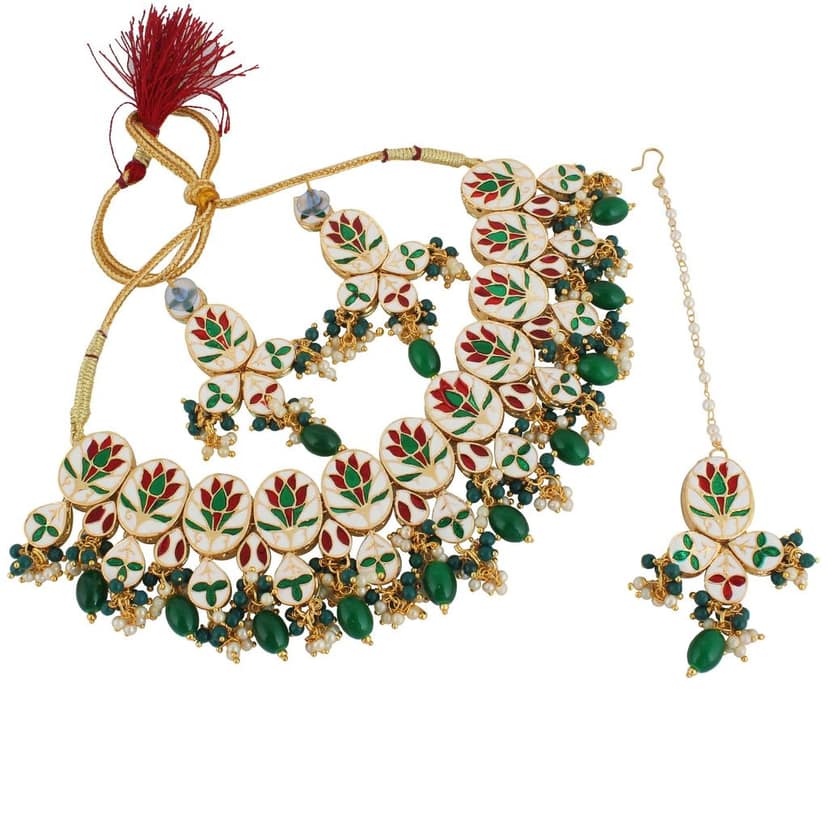 LUCKY JEWELLERY Back Meenakari 18k Gold Plated Green Color Tika Earring Combo Uncut Big Faux Kundan Choker Necklace set (1425-J5SK-1631-G) view 2