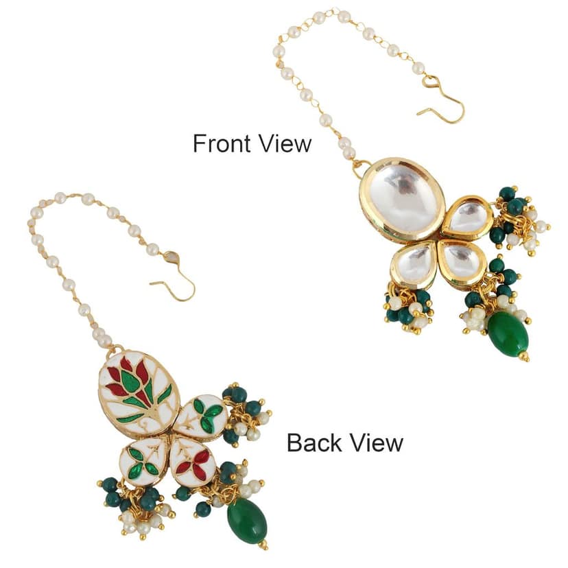 LUCKY JEWELLERY Back Meenakari 18k Gold Plated Green Color Tika Earring Combo Uncut Big Faux Kundan Choker Necklace set (1425-J5SK-1631-G) view 5