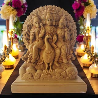 AMS Lord Murugan Idol with Six Faces Sitting on Peacock Brown Resin Hindu God Statue with Wives Valli & Deivanai Kartikeya Figurine for Home Temple, Pooja Room & Spiritual Decor 24 cm