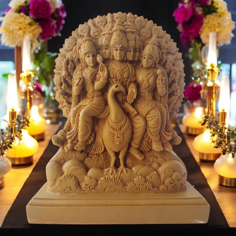 AMS Lord Murugan Idol with Six Faces Sitting on Peacock Brown Resin Hindu God Statue with Wives Valli & Deivanai Kartikeya Figurine for Home Temple, Pooja Room & Spiritual Decor 24 cm