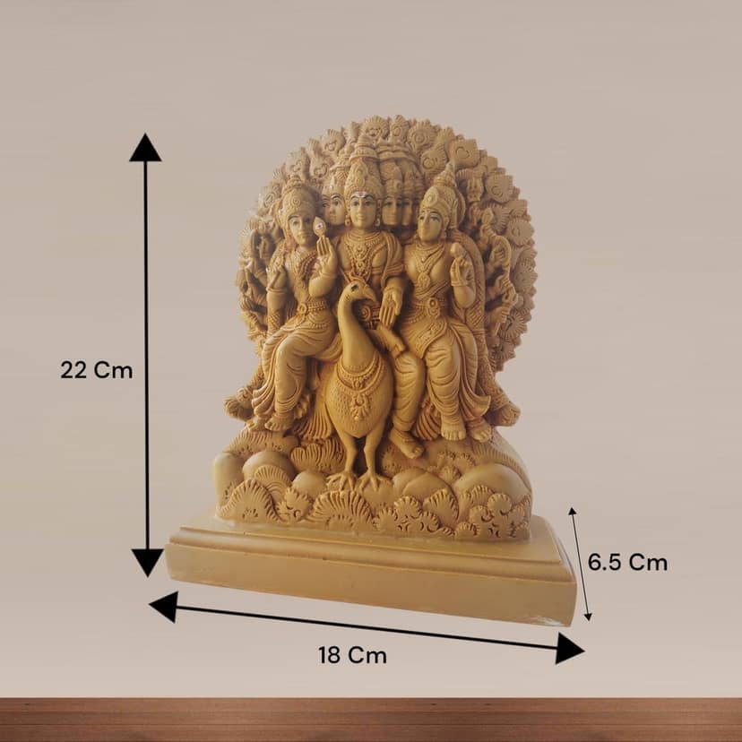 AMS Lord Murugan Idol with Six Faces Sitting on Peacock Brown Resin Hindu God Statue with Wives Valli & Deivanai Kartikeya Figurine for Home Temple, Pooja Room & Spiritual Decor 24 cm view 2