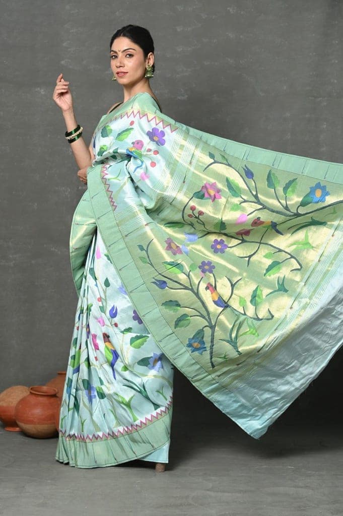 Premium! Masterpiece Handloom Powder Blue All Over Pure Silk Paithani Saree (3 months weaving) view 2